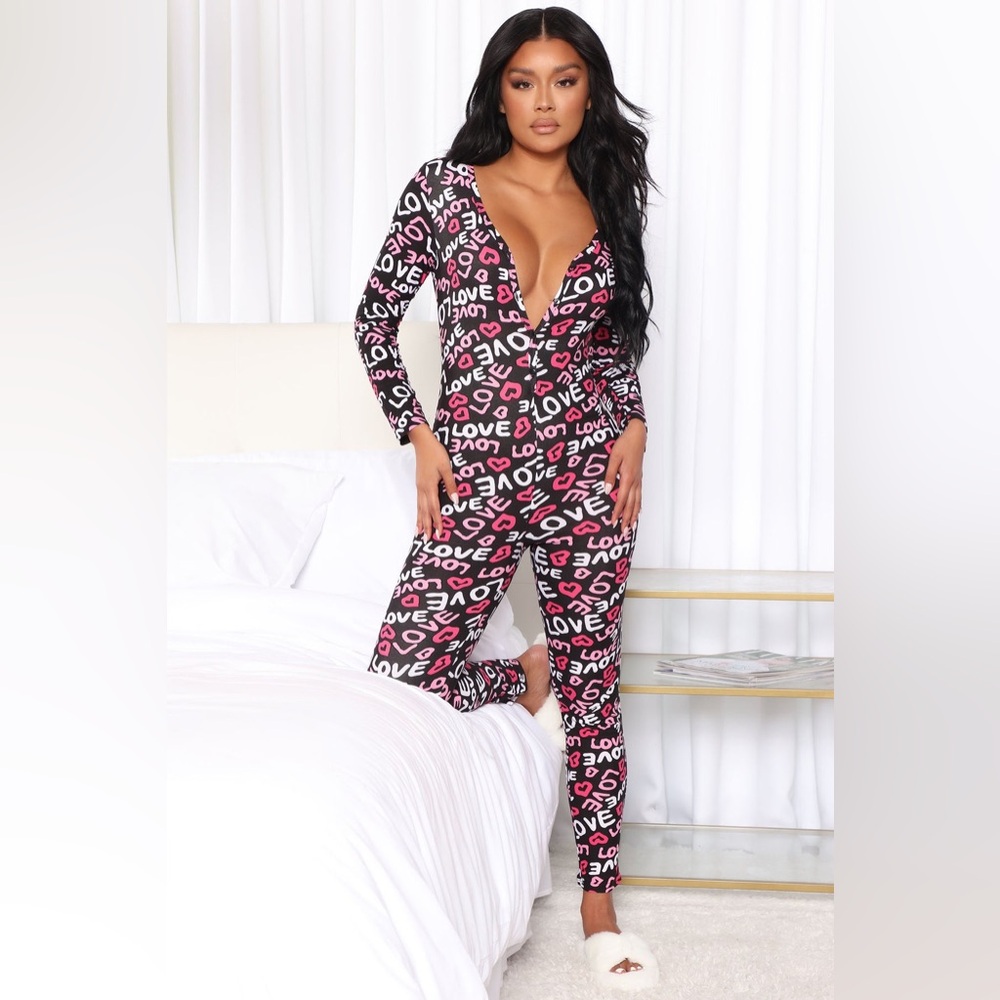 Fashion Nova Morning Love PJ Jumpsuit Onesie - Black/Pink